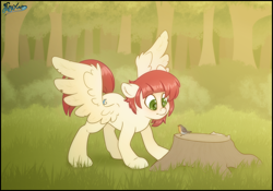 Size: 5000x3500 | Tagged: safe, artist:fluffyxai, oc, oc only, oc:lexis arc, bird, bird pone, pegasus, pony, robin (bird), bent legs, bent over, cute, forest, looking down, male, spread wings, stallion, standing, tree stump