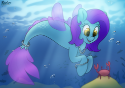 Size: 5000x3500 | Tagged: safe, artist:fluffyxai, oc, oc only, oc:pearl seaswirl, crab, fish, sea pony, seapony (g4), accessory, bubble, clothes, crepuscular rays, cute, female, fin wings, fins, fish tail, flowing tail, jewelry, looking down, necklace, ocean, open mouth, pearl necklace, purple mane, see-through, signature, smiling, sunlight, swimming, tail, underwater, water, wings, yellow eyes