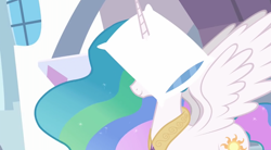 Size: 1280x706 | Tagged: safe, artist:mixermike622, princess celestia, alicorn, pony, g4, canterlot, female, gem, horn, horn impalement, jewelry, majestic as fuck, mare, pillow, pillow hat, regalia, smiling, solo, wings