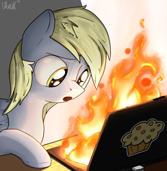 Size: 4000x4100 | Tagged: safe, artist:uteuk, derpy hooves, pegasus, pony, g4, :o, absurd resolution, burning, computer, female, fire, i just don't know what went wrong, laptop computer, mare, muffin, open mouth, solo