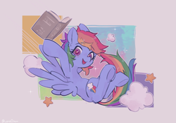 Size: 3423x2404 | Tagged: safe, artist:lexiedraw, rainbow dash, pegasus, pony, g4, book, cloud, cute, dashabetes, female, flying, high res, mare, open mouth, solo, stars, youtube link