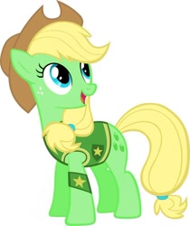 Size: 736x877 | Tagged: safe, oc, oc only, oc:sour apple, earth pony, pony, g4, winter wrap up, cowboy hat, earth pony oc, female, hat, looking up, mare, not applejack, open mouth, open smile, plant team, recolor, simple background, smiling, solo, stars, white background, winter wrap up vest