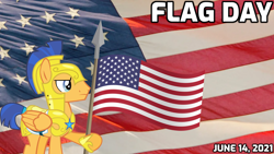 Size: 2064x1160 | Tagged: safe, artist:not-yet-a-brony, edit, vector edit, flash sentry, pegasus, pony, g4, 2021, armor, flag, flag day, flag pole, flag waving, lyrics in the description, mouthpiece, patriotic, patriotism, royal guard armor, spear, united states, vector, weapon, youtube link