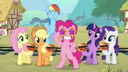 Size: 1200x675 | Tagged: safe, artist:heyitshayburgers, edit, edited screencap, screencap, applejack, fluttershy, pinkie pie, rainbow dash, rarity, twilight sparkle, alicorn, earth pony, pegasus, pony, unicorn, g4, party pooped, bipedal, glasses, mane six, spam oreo burger, twilight sparkle (alicorn)