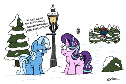 Size: 2411x1612 | Tagged: safe, artist:bobthedalek, starlight glimmer, trixie, pony, unicorn, g4, atg 2021, crossover, duo, duo female, female, implied shipping, implied starburst, implied straight, lamppost, looking at each other, mare, narnia, newbie artist training grounds, scrunchy face, snow, the chronicles of narnia, tree, wardrobe