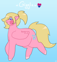 Size: 1290x1402 | Tagged: safe, artist:greenarsonist, oc, oc only, oc:giggle, pegasus, pony, bisexual, bisexual pride flag, chubby, eyeshadow, fat, female, makeup, pegasus oc, plump, ponytail, pride, pride flag