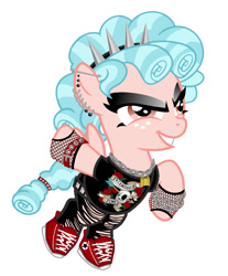 Size: 1092x1322 | Tagged: safe, artist:mylittlepastafarian, cozy glow, pegasus, pony, g4, belt, chains, clothes, converse, ear piercing, earring, evil grin, eyeshadow, female, filly, fishnet stockings, friendship is power, grin, jewelry, lock, makeup, necklace, padlock, piercing, shirt, shoes, simple background, smiling, solo, spiked headband, t-shirt, white background