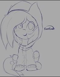 Size: 2350x3000 | Tagged: safe, artist:freefraq, marble pie, earth pony, pony, g4, blushing, clothes, cute, female, filly, high res, hoodie, looking at you, marblebetes, sitting, sketch, smiling, smiling at you, solo