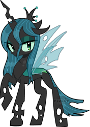 Size: 1837x2592 | Tagged: source needed, safe, alternate version, artist:blurry-kun, queen chrysalis, changeling, changeling queen, g4, commission, crown, female, high res, jewelry, raised hoof, regalia, simple background, solo, standing, transparent background