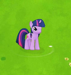 Size: 355x374 | Tagged: safe, gameloft, twilight sparkle, pony, unicorn, g4, app, female, flower, game, grass, mare, mobile game, smiling, solo, unicorn twilight