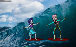 Size: 1280x793 | Tagged: safe, artist:rdj1995, fluttershy, rarity, equestria girls, equestria girls specials, g4, my little pony equestria girls: better together, my little pony equestria girls: forgotten friendship, clothes, duo, female, fluttershy's wetsuit, irl, lesbian, photo, real life background, sarong, ship:flarity, shipping, smiling, surfboard, surfing, swimsuit, wetsuit