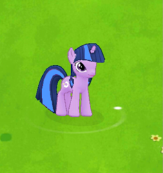 Size: 697x737 | Tagged: safe, gameloft, twilight sparkle, twilight twinkle, pony, unicorn, g4, app, female, flower, game, grass, mare, mobile game, smiling, solo, unicorn twilight, what if