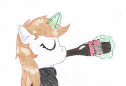 Size: 2483x1695 | Tagged: safe, artist:toshimatsu, oc, oc only, oc:littlepip, pony, unicorn, fallout equestria, bottle, drinking, eyes closed, fanfic, fanfic art, female, glowing horn, horn, magic, mare, simple background, sparkle cola, telekinesis, traditional art, white background