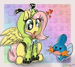 Size: 732x646 | Tagged: safe, artist:llametsul, fluttershy, mudkip, pegasus, pony, antonymph, cutiemarks (and the things that bind us), g4, atg 2021, clothes, crossover, excited, fanart, female, floating heart, fluttgirshy, gir, hairclip, heart, hoodie, invader zim, newbie artist training grounds, nyan cat, open mouth, piercing, pokémon, signature, smiling, so i herd u liek mudkipz, starry eyes, vylet pony, wingding eyes, wings, zipper