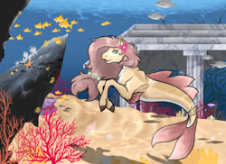 Size: 1024x745 | Tagged: safe, artist:pipsqueak09, oc, oc only, fish, hippocampus, merpony, seapony (g4), starfish, coral, dorsal fin, fins, flower, flower in hair, flowing mane, flowing tail, ocean, open mouth, seaweed, smiling, solo, tail, underwater, water