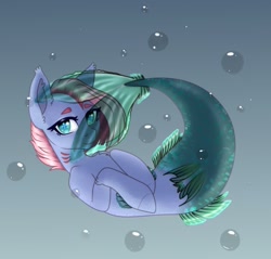 Size: 2264x2160 | Tagged: safe, artist:evlass, oc, oc only, hybrid, mermaid, merpony, sea pony, seapony (g4), blue eyes, bubble, clothes, dorsal fin, fins, fish tail, high res, looking at you, mermaidized, ocean, pink mane, see-through, simple background, solo, species swap, tail, underwater, water