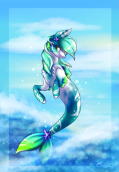 Size: 2037x2943 | Tagged: safe, artist:creativecocoacookie, oc, oc only, merpony, seapony (g4), starfish, bubble, chest fluff, cloud, fins, fish tail, flowing tail, green mane, high res, looking at you, ocean, seapony oc, signature, sky, smiling, smiling at you, solo, sunlight, tail, water, yellow eyes
