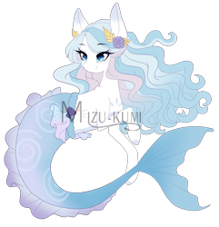 Size: 1533x1589 | Tagged: safe, artist:mikiadops, oc, oc only, mermaid, merpony, auction, blue eyes, blue mane, deviantart watermark, dorsal fin, eyelashes, female, fish tail, flower, flower in hair, flowing mane, flowing tail, obtrusive watermark, simple background, smiling, solo, tail, transparent background, watermark