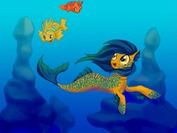 Size: 1153x869 | Tagged: safe, artist:bedupolker, oc, oc only, fish, merpony, seapony (g4), blue mane, crepuscular rays, dorsal fin, fins, fish tail, flowing mane, flowing tail, looking up, ocean, open mouth, smiling, solo, sunlight, swimming, tail, underwater, water, yellow eyes