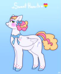 Size: 867x1056 | Tagged: safe, artist:greenarsonist, oc, oc only, oc:sweet hearts💕, pegasus, pony, accessory, afro puffs, blushing, bow, ear piercing, earring, eyeshadow, heart, jewelry, makeup, pansexual, pansexual pride flag, pegasus oc, piercing, pride, pride flag, solo, unshorn fetlocks
