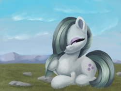 Size: 4000x3000 | Tagged: safe, artist:flusanix, marble pie, earth pony, pony, g4, cute, female, high res, hoof on chest, lidded eyes, looking at you, lying down, marblebetes, mare, prone, smiling, smiling at you, solo
