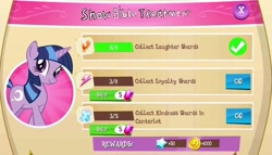 Size: 1094x627 | Tagged: safe, edit, gameloft, twilight sparkle, twilight twinkle, pony, unicorn, g4, app, bits, check mark, element of kindness, element of laughter, element of loyalty, elements of harmony, female, game, gem, looking at you, mare, mobile game, moon, palette swap, recolor, show bible, smiling, smiling at you, stars, unicorn twilight
