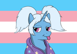 Size: 7016x4961 | Tagged: safe, artist:viren, trixie, pony, g4, :p, alternate hairstyle, babysitter trixie, clothes, female, hoodie, pigtails, pride, pride flag, solo, tongue out, trans female, trans trixie, transgender, transgender pride flag
