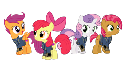 Size: 5360x3008 | Tagged: safe, artist:concordisparate, artist:dashiesparkle, artist:luckreza8, artist:php170, apple bloom, babs seed, scootaloo, sweetie belle, earth pony, pegasus, pony, unicorn, fallout equestria, g4, one bad apple, absurd resolution, adorababs, adorabloom, apple bloom's bow, bow, clothes, cute, cutealoo, cutie mark, cutie mark crusaders, diasweetes, fallout, female, filly, group, hair bow, happy, jumpsuit, pipboy, simple background, smiling, the cmc's cutie marks, transparent background, vault suit, vector