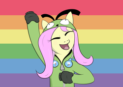 Size: 7016x4961 | Tagged: safe, artist:viren, fluttershy, pony, antonymph, cutiemarks (and the things that bind us), g4, clothes, cutie mark accessory, female, fluttgirshy, gir, headphones, hoodie, implied flutterdash, implied lesbian, implied rainbow dash, implied shipping, invader zim, mare, pride, pride flag, rainbow flag, solo, vylet pony