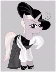 Size: 1788x2269 | Tagged: safe, artist:mylittlepastafarian, zesty gourmand, pony, unicorn, g4, clothes, female, gray background, hat, mare, pants, pinstripes, scarf, shirt, simple background, solo, sun hat