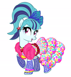 Size: 2028x2202 | Tagged: safe, artist:mylittlepastafarian, sonata dusk, earth pony, pony, g4, alternate hairstyle, bracelet, clothes, cute, disguise, disguised siren, ear piercing, earring, equestria girls ponified, eyeshadow, feather boa, female, fishnet stockings, gem, high res, jewelry, makeup, mare, open mouth, open smile, piercing, ponified, raised hoof, simple background, siren gem, skirt, smiling, solo, sonatabetes, white background