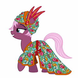 Size: 2040x2031 | Tagged: safe, artist:mylittlepastafarian, jasmine leaf, earth pony, pony, g4, belt, clothes, dress, female, grin, high res, kaftan, mare, raised hoof, simple background, smiling, solo, turban, white background