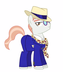 Size: 1869x2160 | Tagged: safe, artist:mylittlepastafarian, svengallop, earth pony, pony, g4, alternate hairstyle, clothes, fedora, glasses, hat, male, pants, pinstripes, scarf, shirt, simple background, solo, stallion, suit, white background