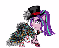 Size: 2583x2127 | Tagged: safe, artist:mylittlepastafarian, aria blaze, earth pony, pony, g4, clothes, disguise, disguised siren, dress, ear piercing, earring, equestria girls ponified, female, fishnet stockings, gem, hat, high res, jewelry, leg warmers, mare, piercing, ponified, raised hoof, shirt, simple background, siren gem, solo, spiked wristband, top hat, white background, wristband