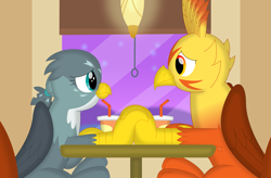 Size: 3549x2324 | Tagged: safe, artist:porygon2z, gabby, oc, oc:blaze, griffon, g4, canon x oc, date, drink, eye contact, female, fingers interlocked, griffon oc, high res, holding hands, looking at each other, male, restaurant, ship:blabby, shipping, smiling, smiling at each other, straight