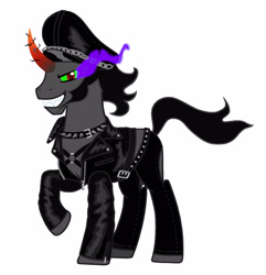 Size: 2232x2319 | Tagged: safe, artist:mylittlepastafarian, king sombra, pony, unicorn, g4, belt, clothes, collar, evil grin, grin, hat, high res, jacket, leather jacket, leather pants, looking at you, male, pants, raised hoof, simple background, smiling, smiling at you, solo, spiked collar, stallion, stupid sexy sombra, white background