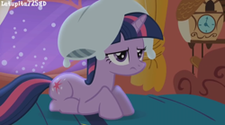Size: 1280x714 | Tagged: safe, screencap, twilight sparkle, pony, unicorn, friendship is magic, g4, season 1, bed, bedroom, clock, female, golden oaks library, lying down, mare, night, pillow, pillow hat, prone, solo, stars, twilight sparkle is not amused, unamused, unicorn twilight, watermark