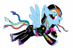 Size: 2577x1707 | Tagged: safe, artist:mylittlepastafarian, rainbow dash, pegasus, pony, g4, alternate hairstyle, clothes, dreadlocks, ear piercing, earring, female, flying, jacket, jewelry, makeup, mare, mascara, open mouth, pants, piercing, shoes, simple background, sneakers, solo, tank top, white background