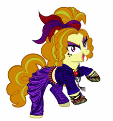 Size: 2013x2157 | Tagged: safe, artist:mylittlepastafarian, adagio dazzle, pony, g4, alternate hairstyle, belt, bracelet, clothes, disguise, disguised siren, equestria girls ponified, eyeshadow, female, gem, high res, jewelry, makeup, mare, open mouth, pants, ponified, raised hoof, raised leg, shirt, simple background, siren gem, skirt, solo, spiked wristband, white background, wristband