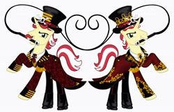 Size: 4443x2864 | Tagged: safe, artist:mylittlepastafarian, flam, flim, pony, unicorn, g4, boots, brothers, clothes, coat, duo, duo male, facial hair, flim flam brothers, grin, hat, high res, looking at you, male, moustache, necktie, pants, shirt, shoes, siblings, simple background, smiling, smiling at you, stallion, tearing, top hat, twins, whip, white background
