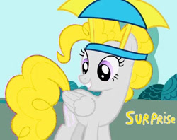 Size: 454x360 | Tagged: safe, edit, surprise, pegasus, pony, g4, 2009, female, hat, looking down, mare, recolor, show bible, show pilot, smiling, solo, umbrella, umbrella hat, wings