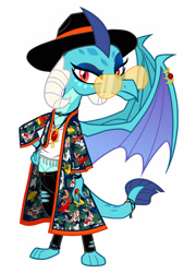 Size: 1764x2456 | Tagged: safe, artist:mylittlepastafarian, princess ember, dragon, g4, bracelet, choker, clothes, cowboy hat, dragoness, eyeshadow, female, hat, jacket, jeans, jewelry, kimono (clothing), makeup, midriff, necklace, pants, piercing, ring, ripped jeans, ripped pants, simple background, skinny jeans, solo, stetson, sunglasses, tassels, top, torn clothes, white background, wing piercing