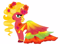 Size: 3660x2748 | Tagged: safe, artist:mylittlepastafarian, big macintosh, earth pony, pony, g4, alternate hairstyle, clothes, crossdressing, drag queen, dress, eyeshadow, flower, flower in hair, freckles, high res, lipstick, makeup, male, orchard blossom, simple background, solo, stallion, white background