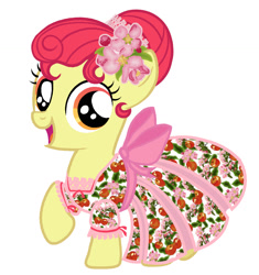 Size: 1086x1156 | Tagged: safe, artist:mylittlepastafarian, apple bloom, earth pony, pony, g4, alternate hairstyle, clothes, dress, ear piercing, earring, female, filly, flower, flower in hair, jewelry, open mouth, piercing, raised hoof, simple background, solo, white background