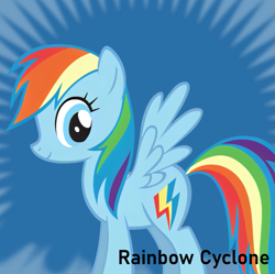 Size: 811x808 | Tagged: safe, edit, rainbow dash, pegasus, pony, derpibooru, g4, 2009, eye color change, female, mare, meta, old cutie mark, rainbow cyclone, show bible, smiling, solo, spoilered image joke, wings