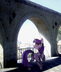 Size: 1024x1195 | Tagged: safe, artist:zetamad, twilight sparkle, alicorn, pony, g4, archway, city, irl, looking back, newbie artist training grounds, photo, ponies in real life, solo, twilight sparkle (alicorn)