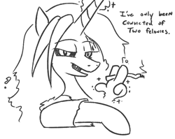 Size: 739x587 | Tagged: safe, artist:jargon scott, oc, oc only, oc:dyx, alicorn, pony, black and white, female, grayscale, hand, lidded eyes, looking at you, magic, magic hands, mare, monochrome, older, older dyx, simple background, smoking, solo, talking to themself, white background