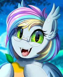 Size: 1446x1764 | Tagged: safe, artist:pridark, oc, oc only, bat pony, pony, bat pony oc, bust, commission, fangs, female, food, fruit, glasses, green eyes, herbivore, looking at you, mango, mare, open mouth, open smile, portrait, smiling, smiling at you, solo