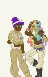 Size: 800x1280 | Tagged: safe, artist:greenteasocks, rainbow dash, rarity, human, g4, alternate hairstyle, belly button, belt, bomber jacket, boots, cigarette, clothes, dark skin, duo, ear piercing, earring, eyeshadow, female, fingerless gloves, gloves, humanized, jacket, jewelry, lipstick, makeup, midriff, pants, piercing, pilot, pouch, shoes, simple background, white background