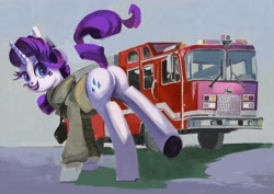 Size: 3508x2480 | Tagged: safe, artist:toisanemoif, rarity, pony, unicorn, butt, dock, featureless crotch, female, fire engine, firefighter, high res, looking at you, looking back, looking back at you, mare, open mouth, open smile, plot, rearity, smiling, smiling at you, solo